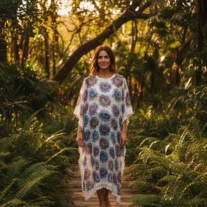 Roberta Roller Rabbit Chasca Pom Pom Floral Caftan Coverup XS/S Blue Orange Boho